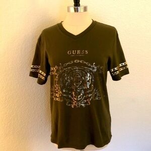 Guess Olive Green and Gold T-Shirt VTG